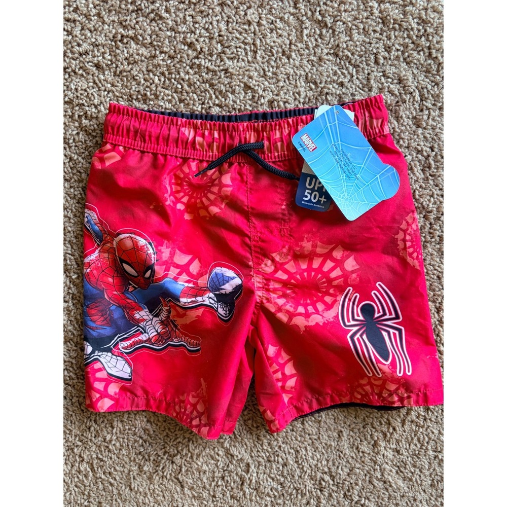 Marvel Spiderman Red Web UPF50 Mesh Lined Swim Trunks Shorts Boys Small NEW NWT